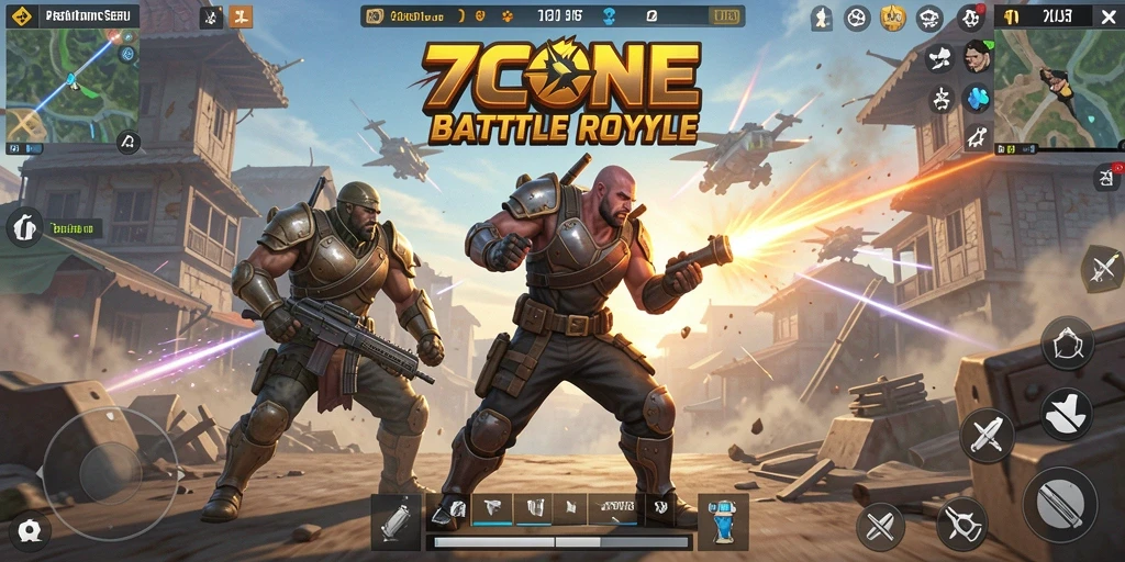 Tangkapan layar gameplay 7CONE menampilkan aksi seru dalam pertempuran Battle Royale.