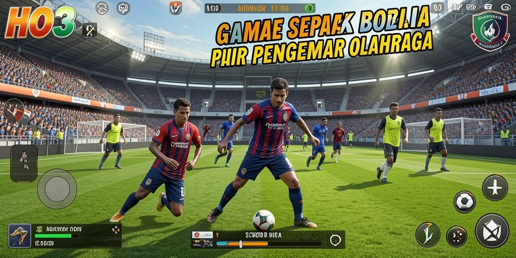 Screenshot utama HO3 menampilkan aksi seru dalam permainan sepak bola.