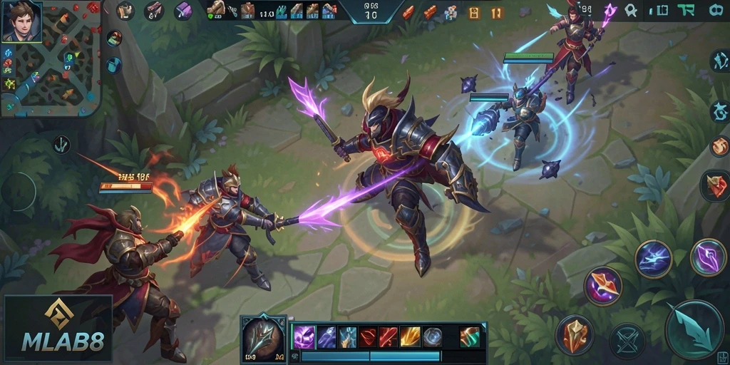 Screenshot gameplay MLBB8 yang menunjukkan strategi pertempuran intens.