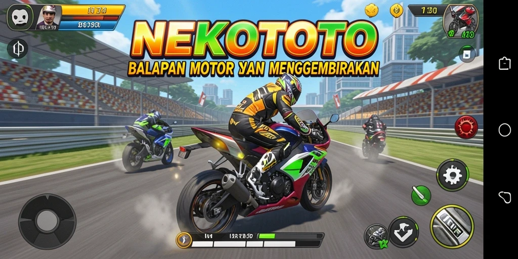 Screenshot utama NEKOTOTO menampilkan aksi balapan motor yang mendebarkan.