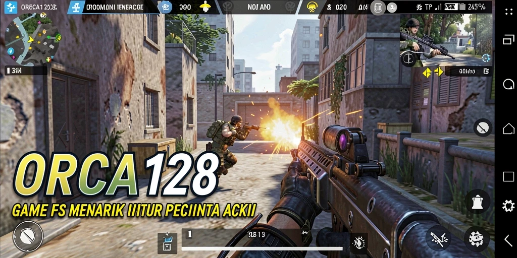 Tampak gameplay ORCA128 dengan aksi tembak-menembak yang seru.